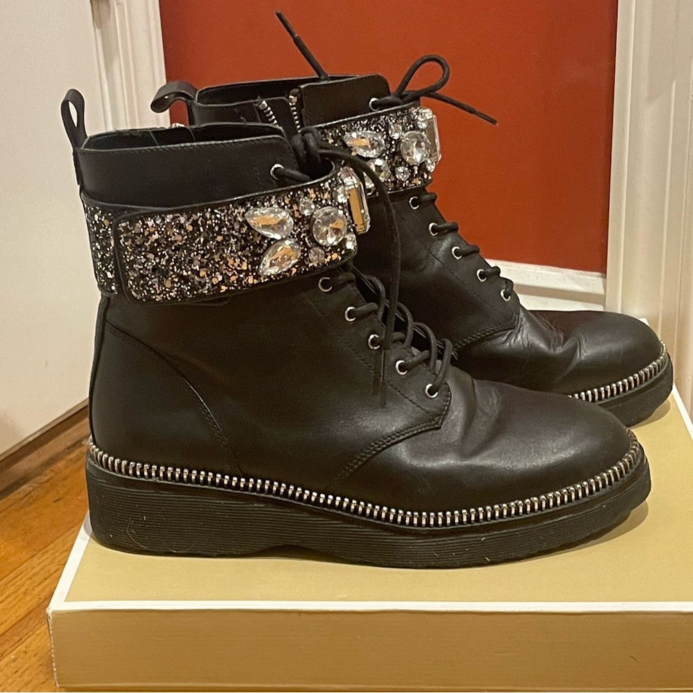 Michael Kors Haskell Cuff Bootie Black Leather  LaceUp Meaga Rhinestone Sz 9